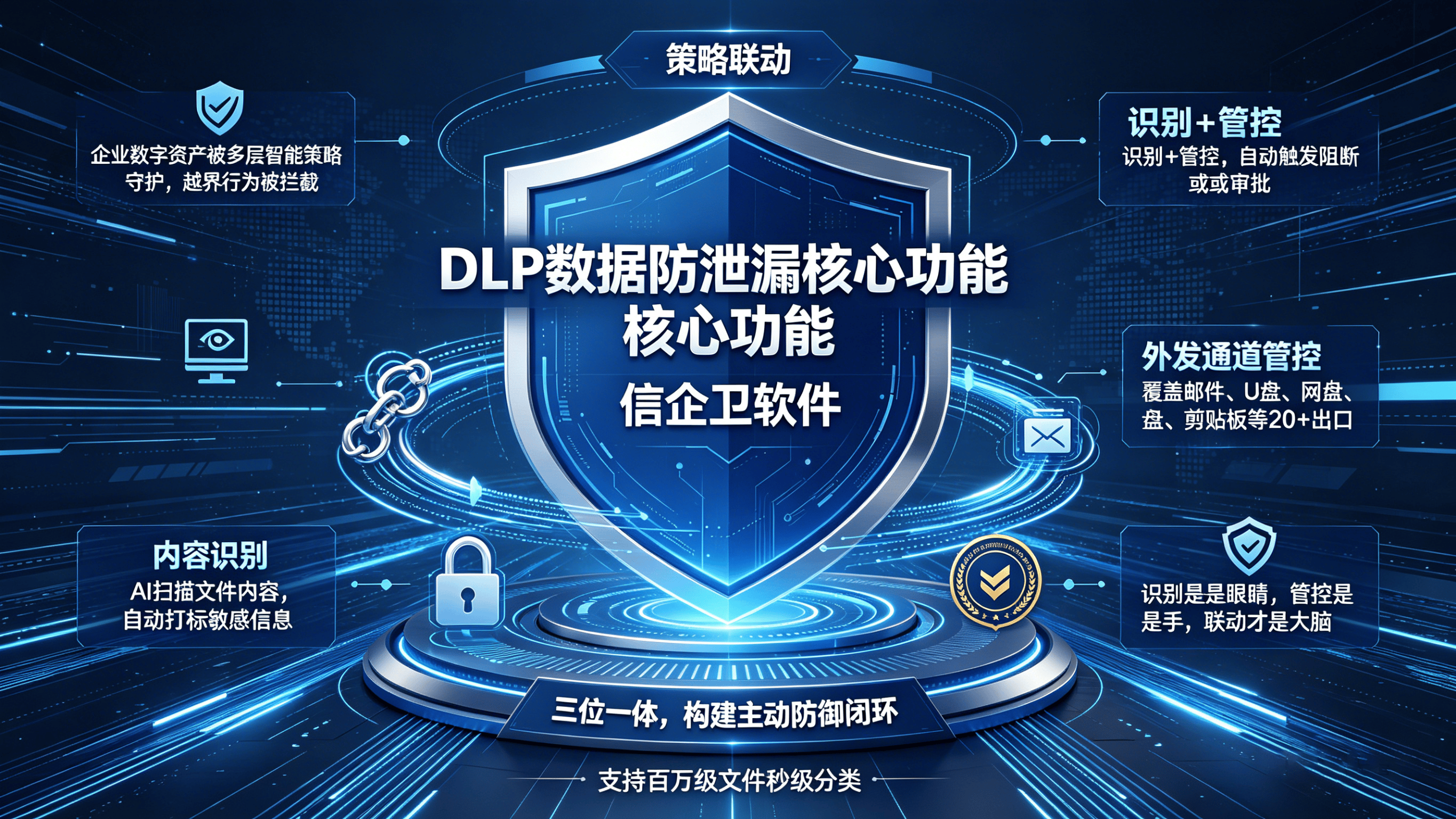 DLP数据防泄漏核心功能：内容识别、外发通道管控、异常告警，