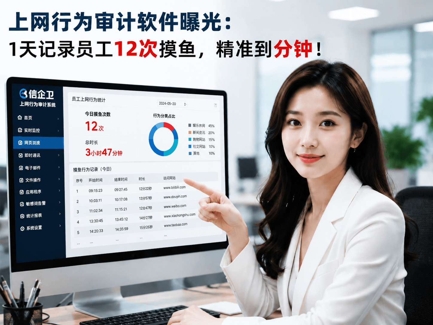 上网行为审计软件曝光：1天记录员工12次摸鱼，精准到分钟！