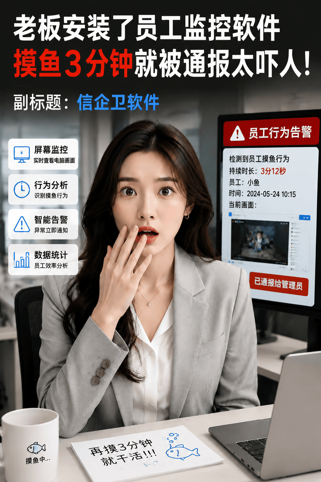 老板安装了员工电脑监控软件，摸鱼3分钟就被通报太吓人！